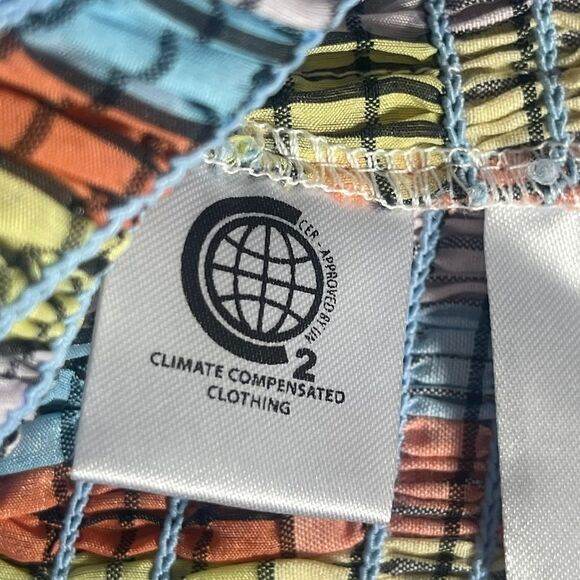 Ganni Windowpane Gingham Multi Striped Smocked Top Puff Sleeves Sz 36/US… - Picture 5 of 11